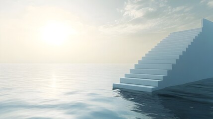 Conceptual architectural landscape with a staircase descending into tranquil reflective water creating a serene and contemplative scene