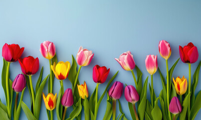 Colorful blooming tulips border banner on blue background