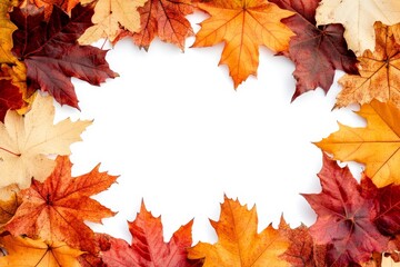 Colorful autumn leaves arranged in a frame shape on a white background, leaving space for text or a design.