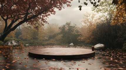 Autumn Stage Mock-Up with Podium, Harvest Elements, and Changing Leaves in a Serene Setting. AI generated illustration