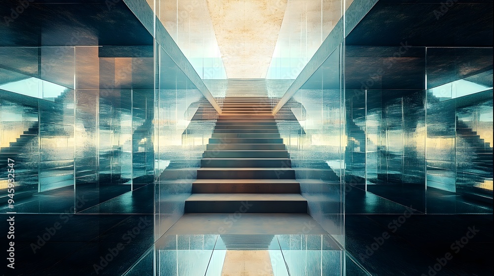 Poster Conceptual image showcasing an infinite mirrored staircase creating a visually captivating recursive reflection effect  Architectural abstract design with a minimalist symmetrical