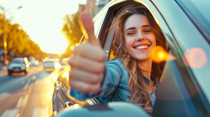 Young happy woman driving a car and showing thumb up. car sharing, buying a car, car insurance, driving school, auto repair shop, roadside assistant promotion