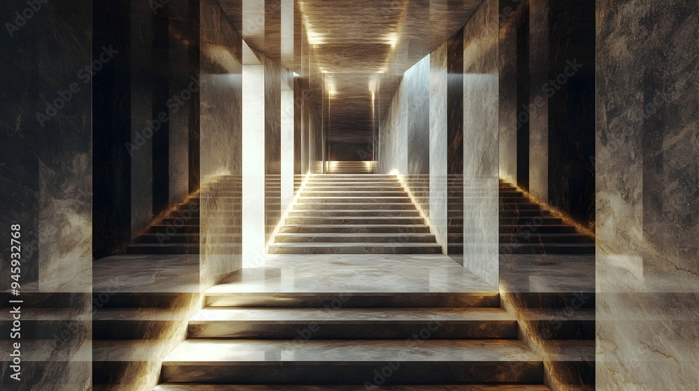 Poster a conceptual image showcasing a staircase surrounded by mirrors creating an infinite reflection of t
