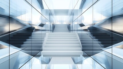 Obraz premium Infinite Reflections A conceptual image showcasing a staircase surrounded by mirrors creating an endless illusion of repeating and reflecting versions of the staircase This surreal geometric