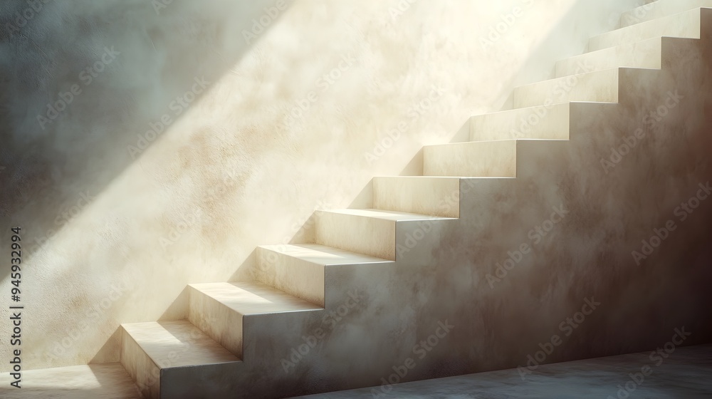 Poster a conceptual image of a staircase bathed in soft ethereal light with a sense of tranquility and tran