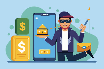 Call center fraud or scam stealing money from mobile banking application, fake phone call or financial crime, phishing or financial threat concept, scammer thief steal money from mobile banking app
