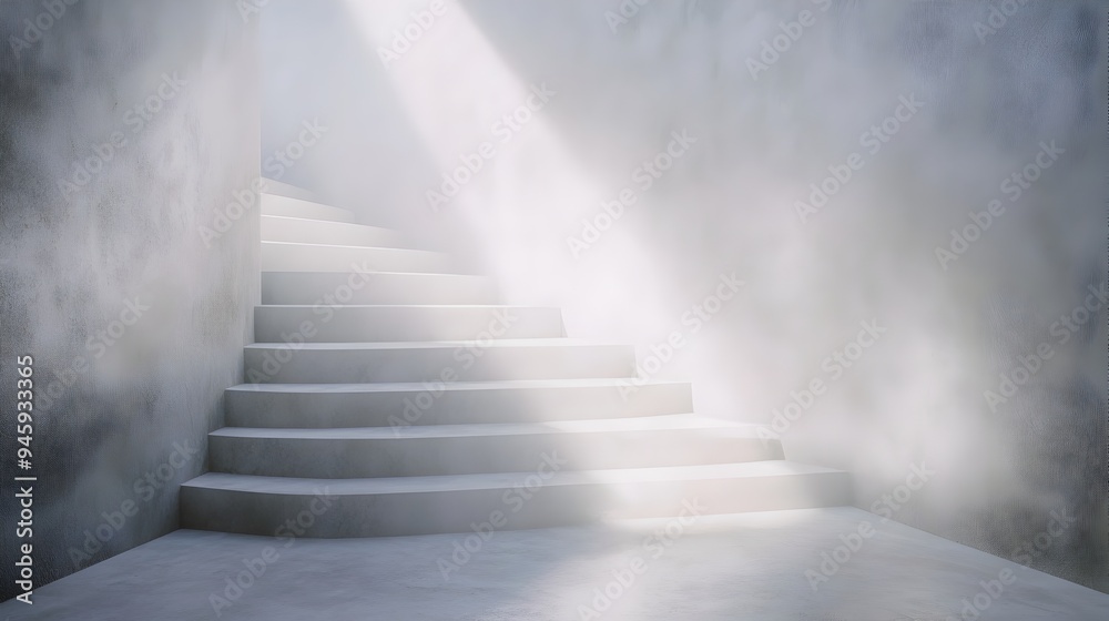 Poster a conceptual image of a staircase bathed in soft ethereal light creating a serene and tranquil atmos