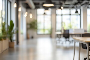 Blurred view of a modern office space with large windows, desks, and chairs.