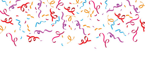 Colored confetti ribbons on a white background, festive background design, colors: red, yellow, pink, blue.