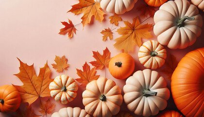 Fototapeta premium A collection of small orange pumpkins arranged on a soft beige background autumn leaves in shades of orange and brown