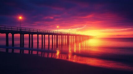 Obraz premium Wooden boardwalk extending from the beach to the sea at sunset