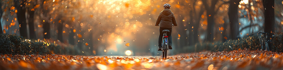 Person riding bicycle through autumn forest, vibrant orange fall leaves, serene background, warm light and tranquil mood