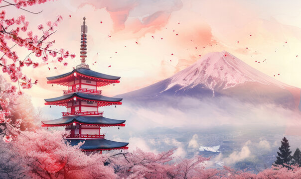 Watercolor Chureito Pagoda with Fuji Mountain Background in Sakura Spring Festival at Sunset, Fujiyoshida, Yamanashi, Japan