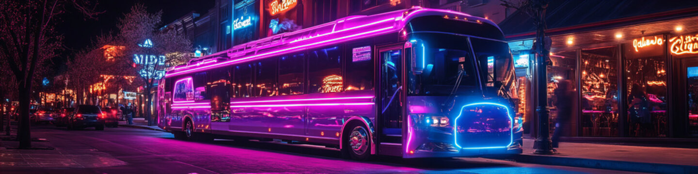 Futuristic neon-lit party bus parked in urban nightlife setting with colorful city lights in the background, creating an energetic and vibrant mood