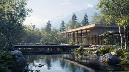 Fototapeta premium Modern House by the Lake in a Forest Setting