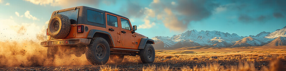 Orange Jeep in Dusty Adventure on Vast Plains with Majestic Mountains under Vibrant Sky, Reflecting Rugged Adventure Feel