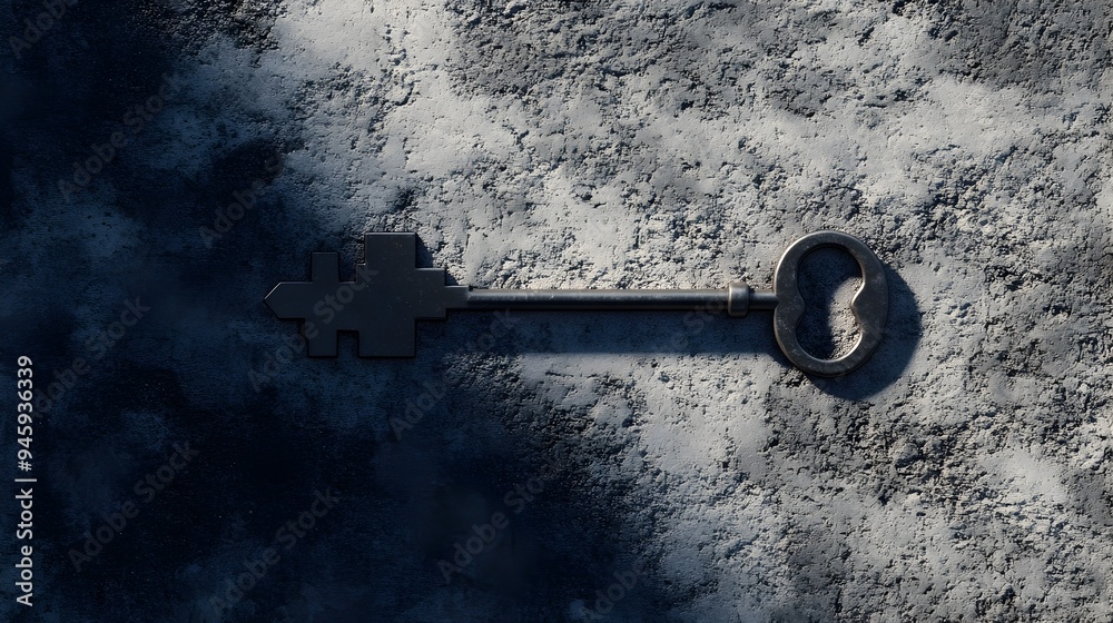 Poster a conceptual image featuring a key that casts a long shadow in the distinct shape of a door conveyin