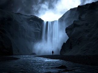 Cascade with a small background of a person looking out at the landscape