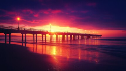 Fototapeta premium Wooden boardwalk extending from the beach to the sea at sunset