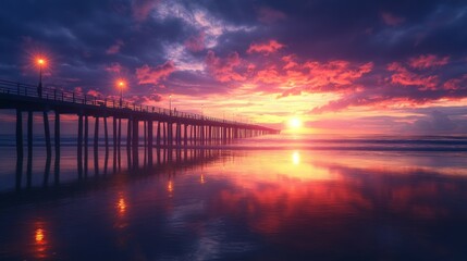 Wooden boardwalk extending from the beach to the sea at sunset