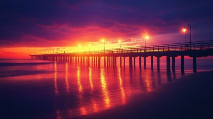 Obraz premium Wooden boardwalk extending from the beach to the sea at sunset