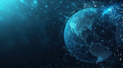 Obraz premium Futuristic Digital Earth with Polygonal Wireframe and Hologram on Blue Background - Global Network Concept. AI generated illustration