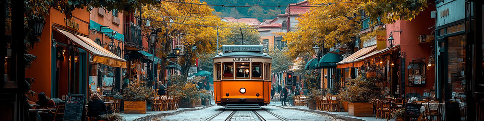 Naklejka premium Serene Lake with Wooden Rowboat Amidst Autumn Trees and Lush Greenery in Tranquil Misty Morning, Capturing Calm and Peaceful Atmosphere Reflecting Natures Beauty