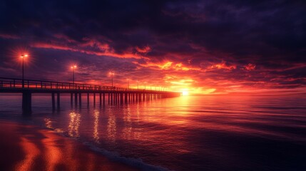Fototapeta premium Wooden boardwalk extending from the beach to the sea at sunset