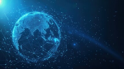 Futuristic Digital Earth with Polygonal Wireframe and Hologram on Blue Background - Global Network Concept. AI generated illustration