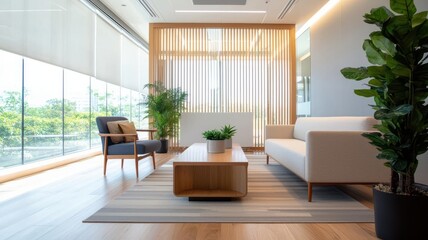 Modern office interior featuring a cozy seating area, natural light, greenery, and a stylish wooden design.