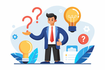 Question and answer, q and a or solution to solve problem, FAQ frequently asked question, help or creative thinking idea concept, smart businessman holding question mark sign and lightbulb solution.
