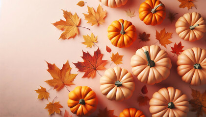 Obraz premium A collection of small orange pumpkins arranged on a soft beige background autumn leaves in shades of orange and brown