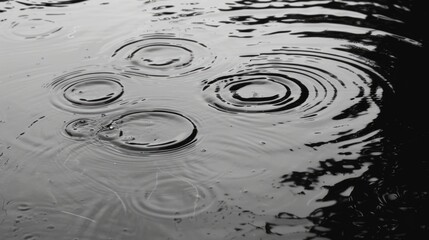 Circles on water from raindrop. Ripples on puddle, surface of river, lake, sea. Beginning start of rain, drop drips. Aesthetics of nature, beauty in details close up. Gloomy rainy day. Bad weather.