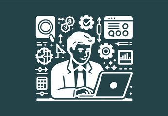 Businessman working on his Computer with business icon & symbol