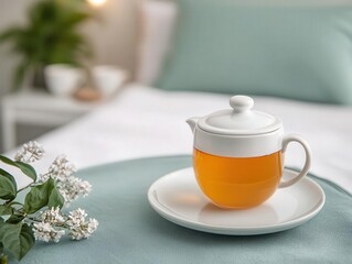 A calming bedroom scene with a person practicing a nighttime anxiety routine, including deep breathing exercises, herbal tea, and a treatment plan to ensure restful sleep