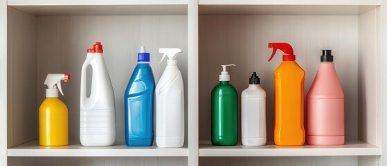 A clean and orderly storage cabinet with disinfectants and food safe cleaners, highlighting how cleanliness routines are essential for minimizing pathogens in stored items