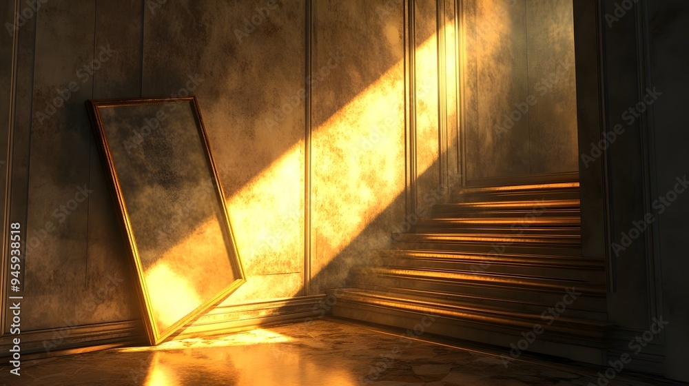 Poster conceptual image of a glowing luminous staircase reflected in a serene mirrored backdrop creating a 