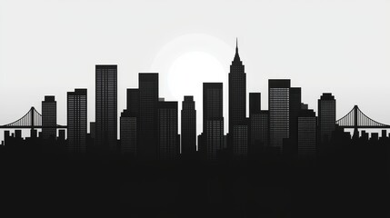 Fototapeta premium A monochrome cityscape silhouette with skyscrapers and bridges, ideal for an urban-inspired wallpaper background