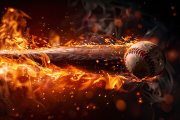 A flying baseball in a fire flame on a dark black background. Dynamic game of baseball, fast ball. Fire game. Creative baseball advertising