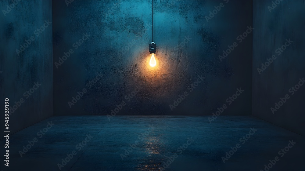 Poster conceptual image of a single light bulb glowing in a dark empty room offering a sense of endless pos