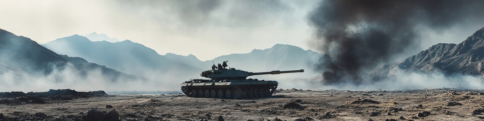 A solitary tank stationed in a desolate battlefield with smoky mountains in the background under a somber, cloudy sky