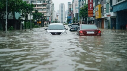 Flooded street with submerged cars, showcasing urban water crisis and environmental impact in a city landscape.