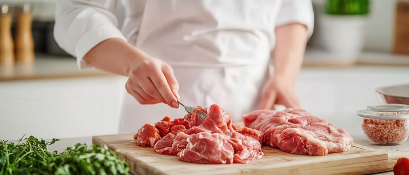 A kitchen scene with a person improperly handling raw and cooked foods on the same surface