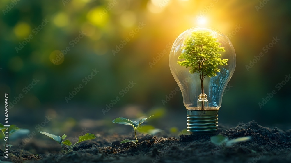 Wall mural conceptual image depicting a light bulb with a small tree growing inside symbolizing sustainable ene