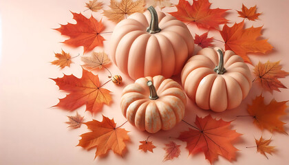 A collection of small orange pumpkins arranged on a soft beige background autumn leaves in shades of orange and brown