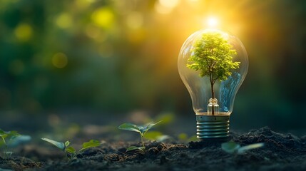 Conceptual image depicting a light bulb with a small tree growing inside symbolizing sustainable energy renewable resources and the potential for environmental growth and innovation