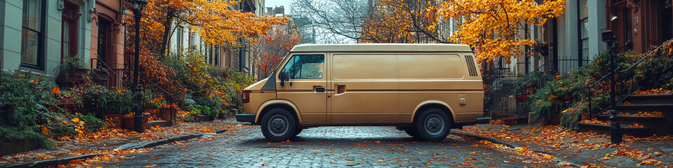Obraz premium Classic Beige Van in Quiet City Street With Autumn Foliage Creating Vintage and Nostalgic Vibe Under Overcast Sky