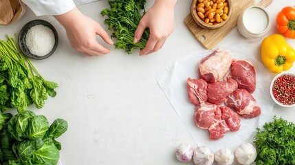A top down view of a kitchen counter where raw meat and fresh produce are in close contact, visually representing the potential for cross contamination and infection