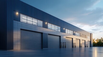 Obraz premium Modern Warehouse Exterior with Gray Steel Walls and Large Garage Doors - Photorealistic View at Golden Hour. AI generated illustration