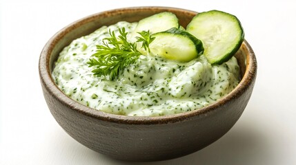 Fresh Bowl of Cucumber Sauce on White Background for Culinary Designs